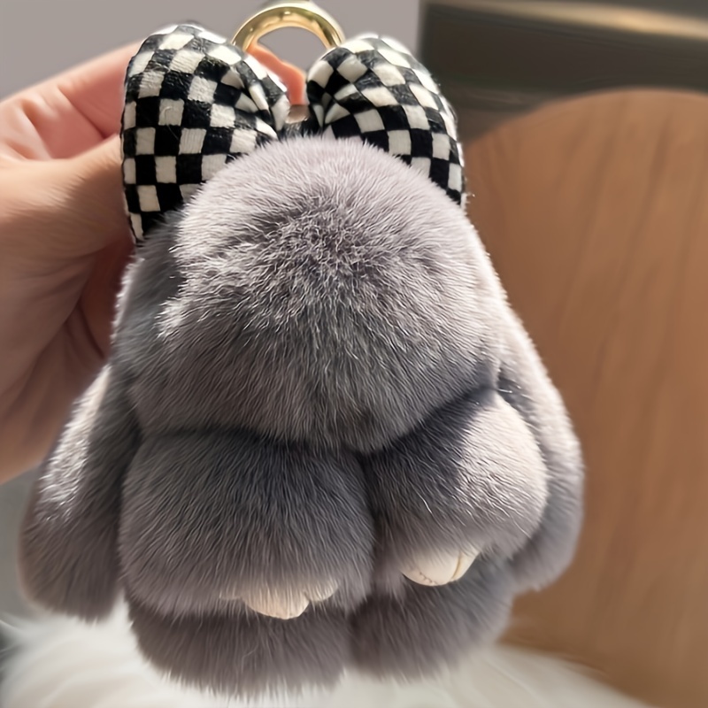 Cute Real Rex Rabbit Fur Bow Bunny Rabbit Car Keychain Pendant Plush Doll, School Bag Ornament Mobile Phone Pendant Ornament,Keychain Plushies,Temu