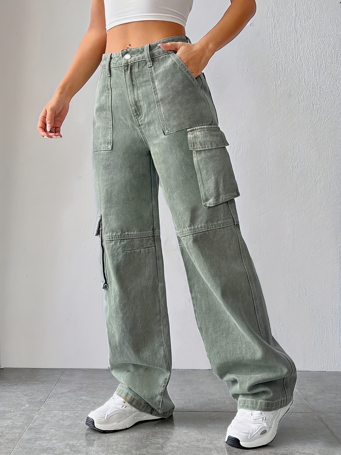 Green Flap Pockets Baggy Jeans, High Waist Non-Stretch Y2K & Kpop Style  Cargo Pants, Women's Denim Jeans & Clothing