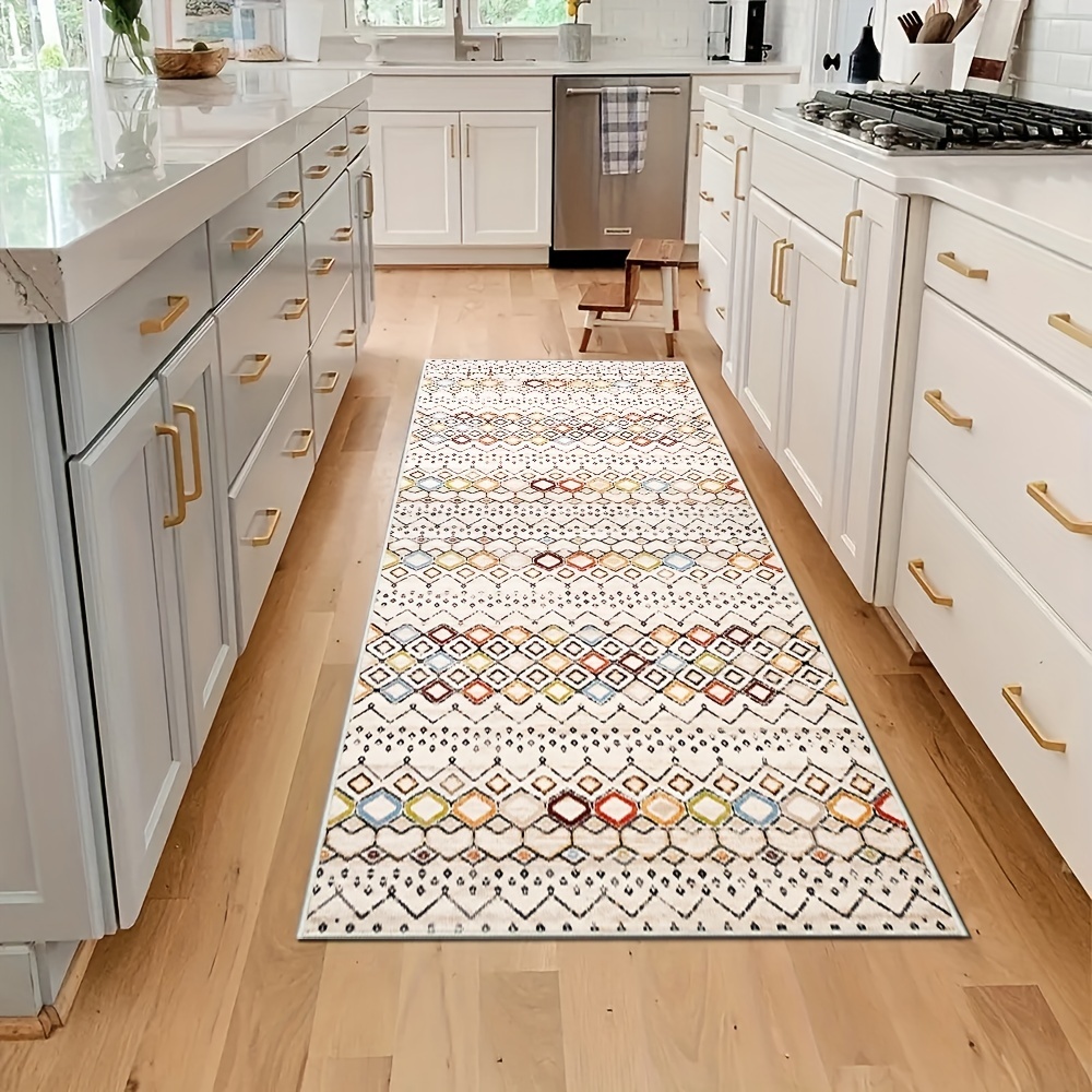 Beige & White Vinyl Floor Mat With Boho Design, North African Berber Art.  Tribal Moroccan Design on Beige Background. Kitchen Rug, Area Rug. 