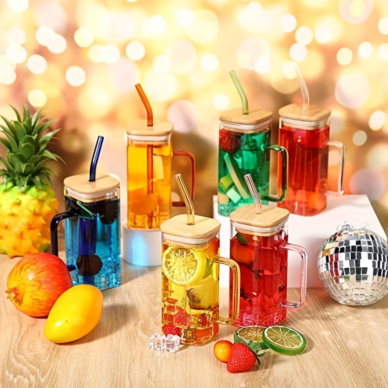 Glass Cups With Lids And Straws, Drinking Glasses Bamboo Lids And Glass  Straws, Glass Mug With Colored Handle For Soda, Iced Coffee, Milk, Tea,  Juice, Water Bottles - Temu