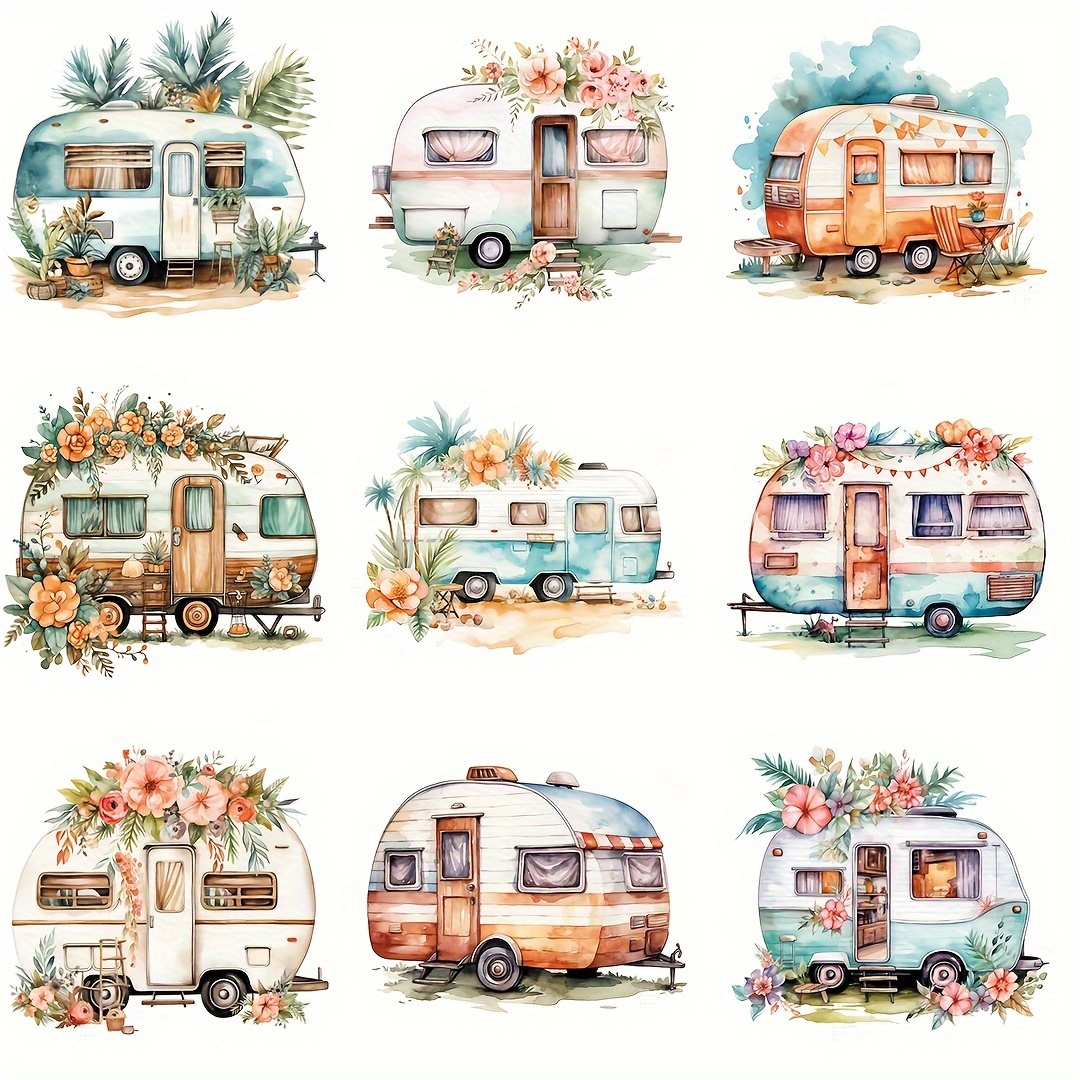 

9pcs Camping Car Iron On Heat Transfers Vinyl For T-shirts Diy Clothing, T-shirt, Mask, Jeans, Backpack, Hats, Pillow Easy Heat Pressed Decals For Personalized Style Washable Heat Transfer Stickers