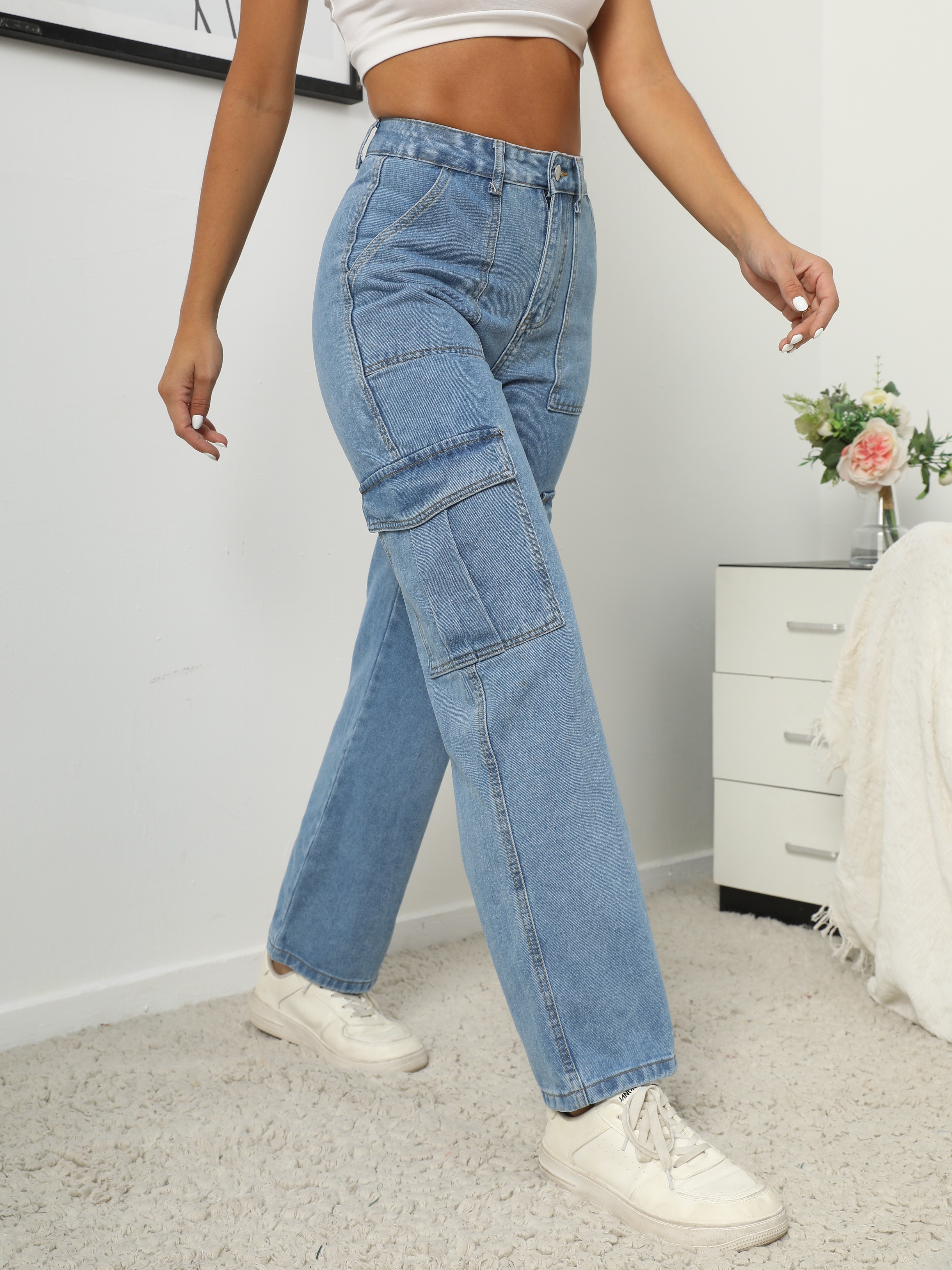 Jeans cargo de cintura alta para mujer, con bolsillo con solapa, pantalones  cargo holgados Y2K, pantalones de mezclilla de pierna ancha, pantalones