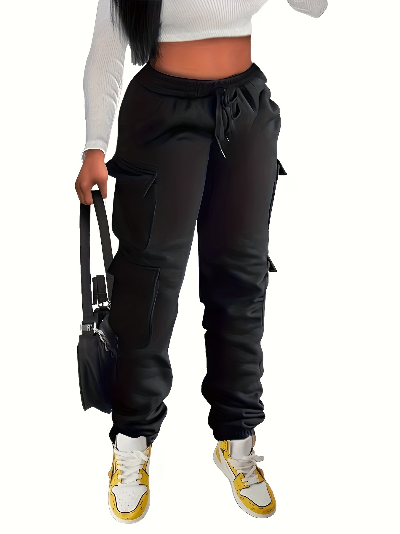 Elastic Solid Cargo Pants High Waist Cargo Pants Pockets - Temu