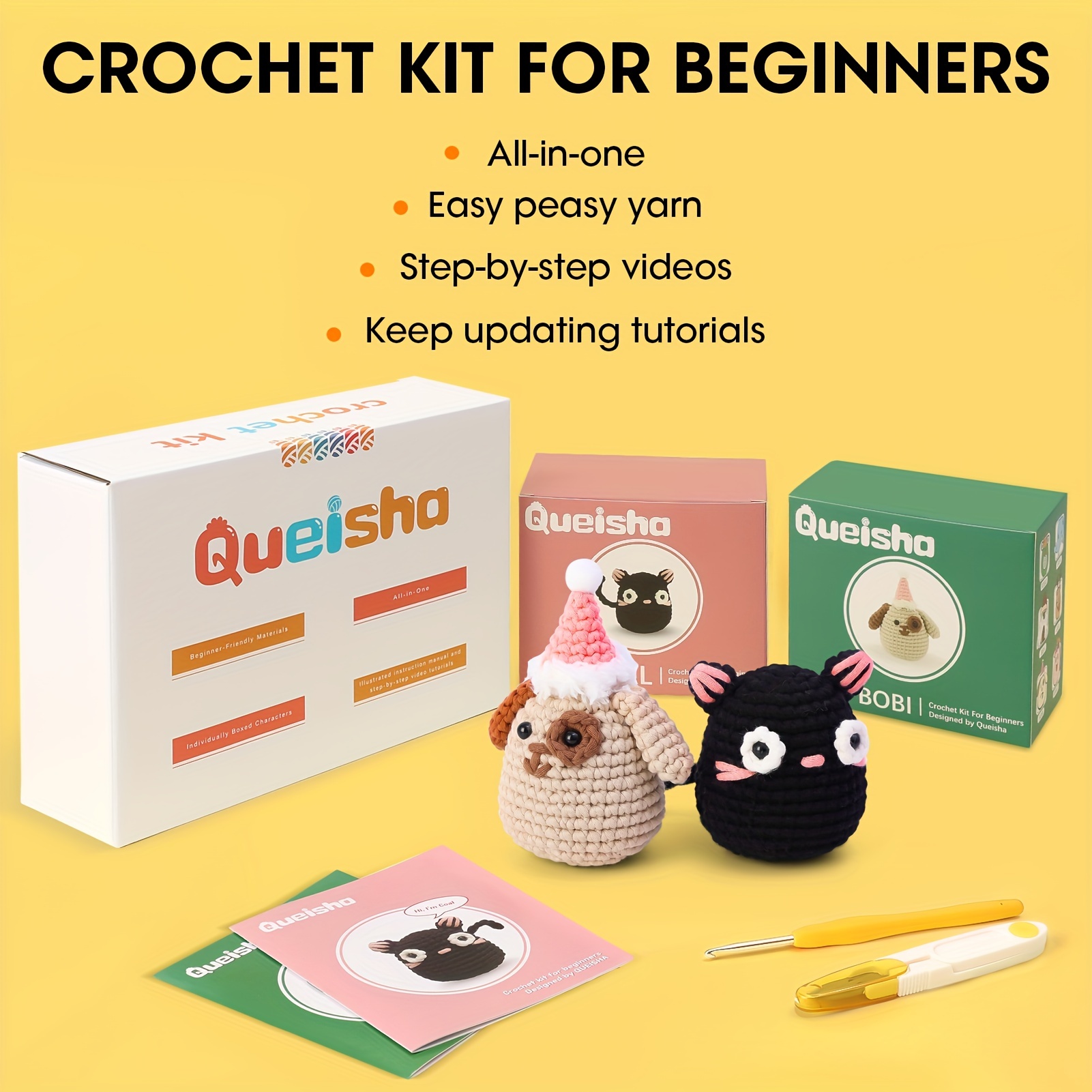 Complete Crochet Kit for Beginners: Starter Crochet Kit, Learn to Crochet,  Include Special Yarn, Step-by-Step Video Tutorial, Black Cat & Axolotl