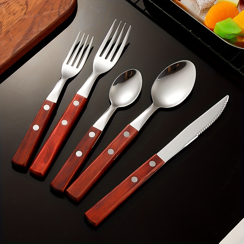 Western Knife, Fork and Spoon Tableware Stainless Steel Steak Knife Wooden  Handle Steak Knife and Fork 3-piece Set