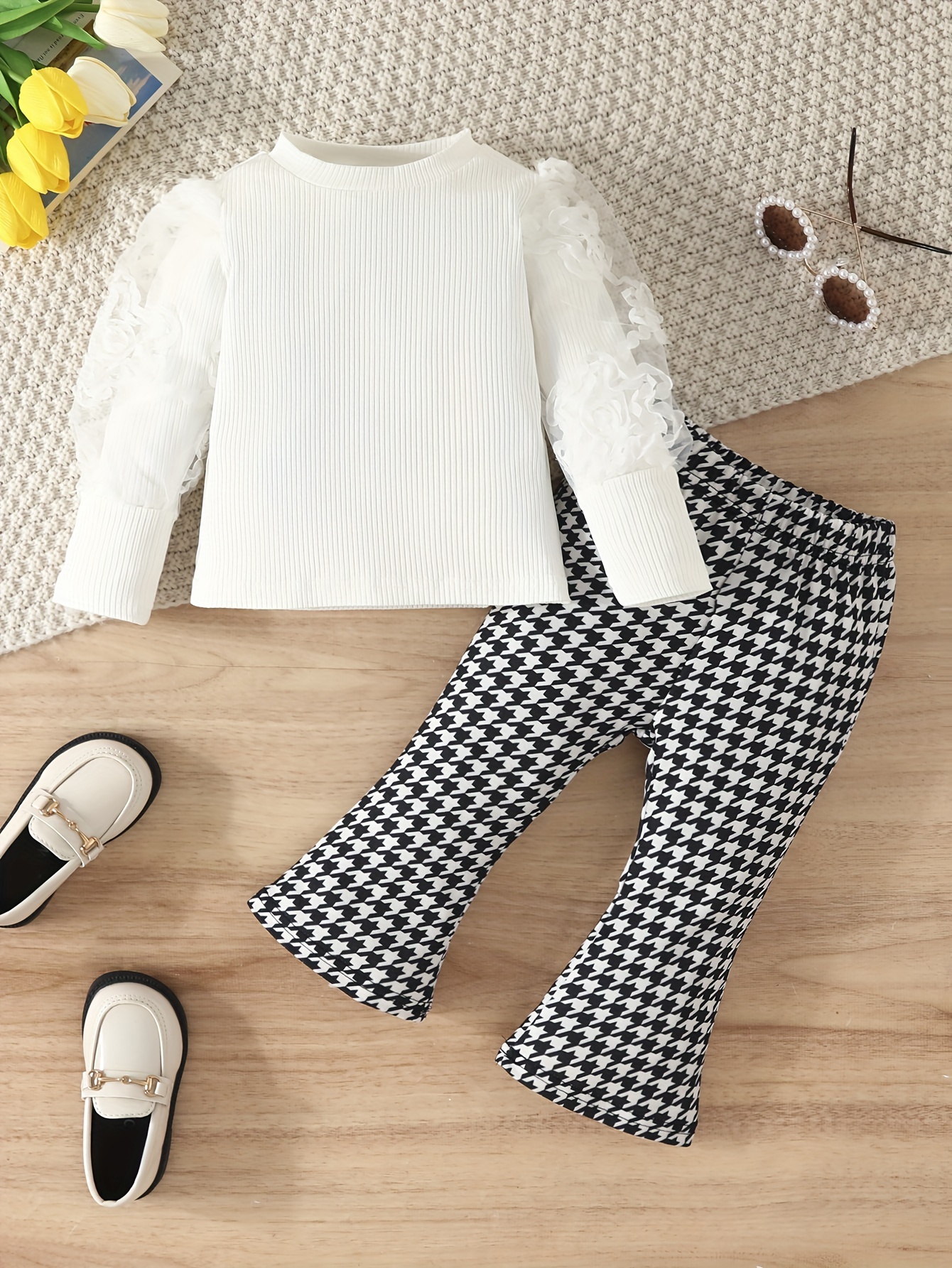 Split Hem Houndstooth Flare Leg Pants