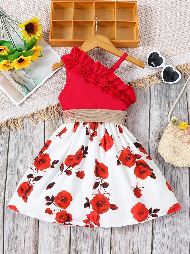 toddler girls asymmetrical neck ruffle trim one shoulder sunflower graphic belted princess dress for party beach vacation kids summer clothes details 15