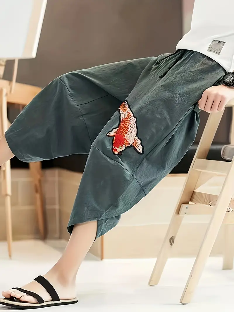 Koi Fish Print, Men's Harem Capri Pants, Cotton Blend Baggy Pants,  Loungewear For Yoga
