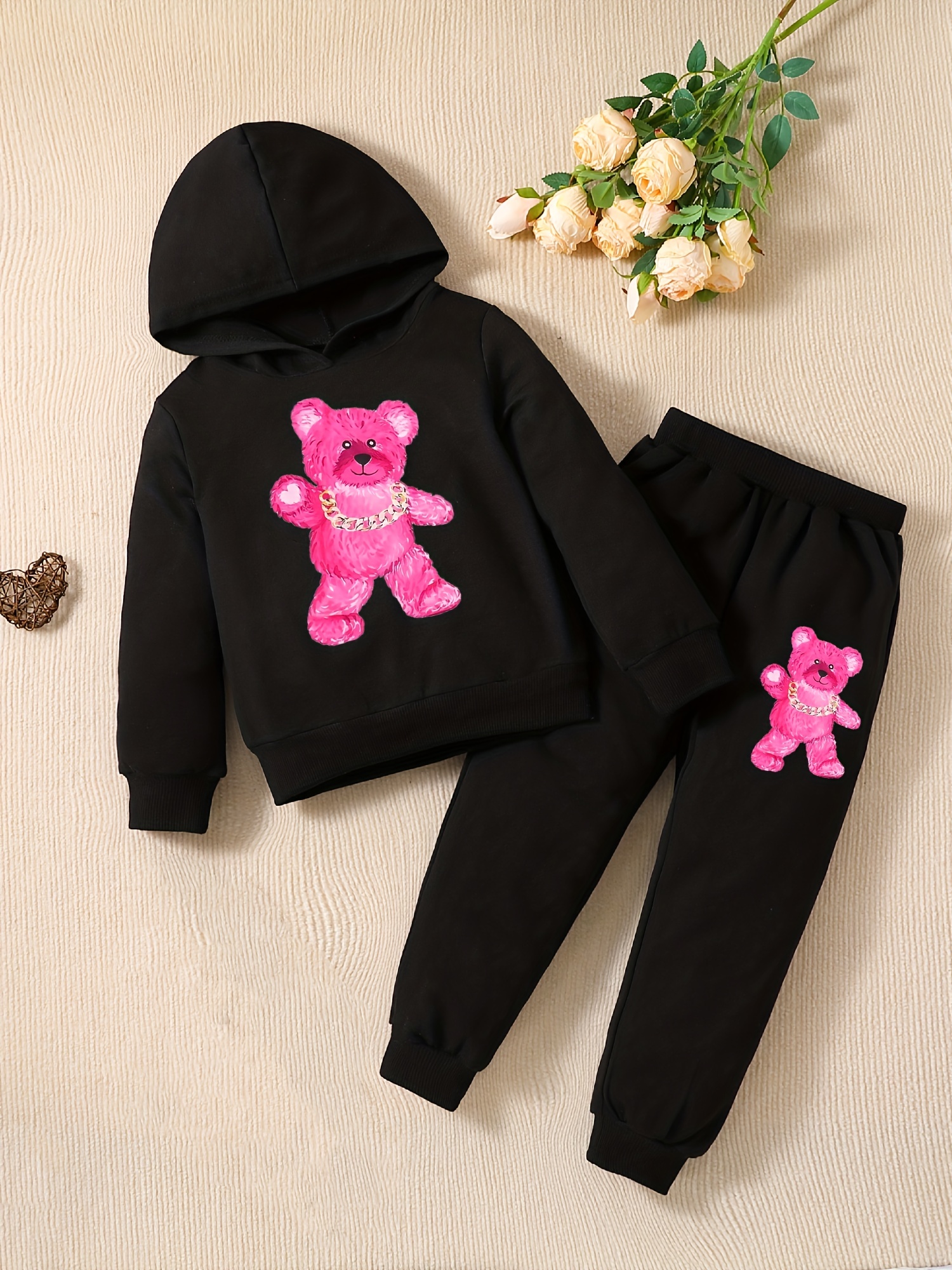 Girls 2pcs Cute Bear Graphic Sets, Hooded Top + Jogger Pants Kids Clothes  For Spring Fall Sports
