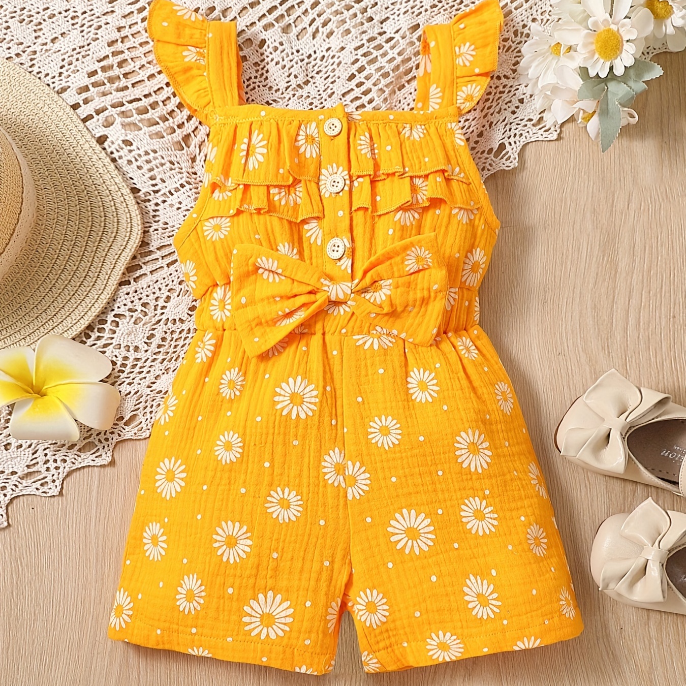 

Girls Muslin Floral Print Ruffle Trim Sleeveless Suspender Jumpsuit, Comfortable Casual Rompers For Toddlers Children Kids Summer