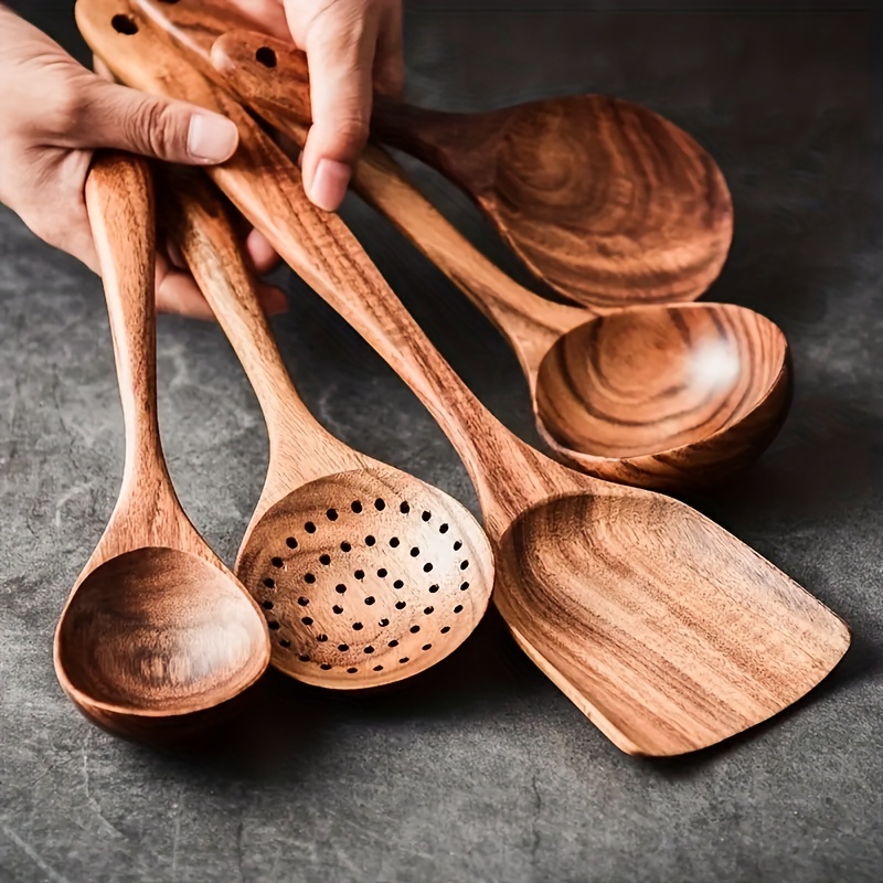 7 piezas, juego de cucharas y espátula de madera para cocinar, juego de  utensilios de cocina