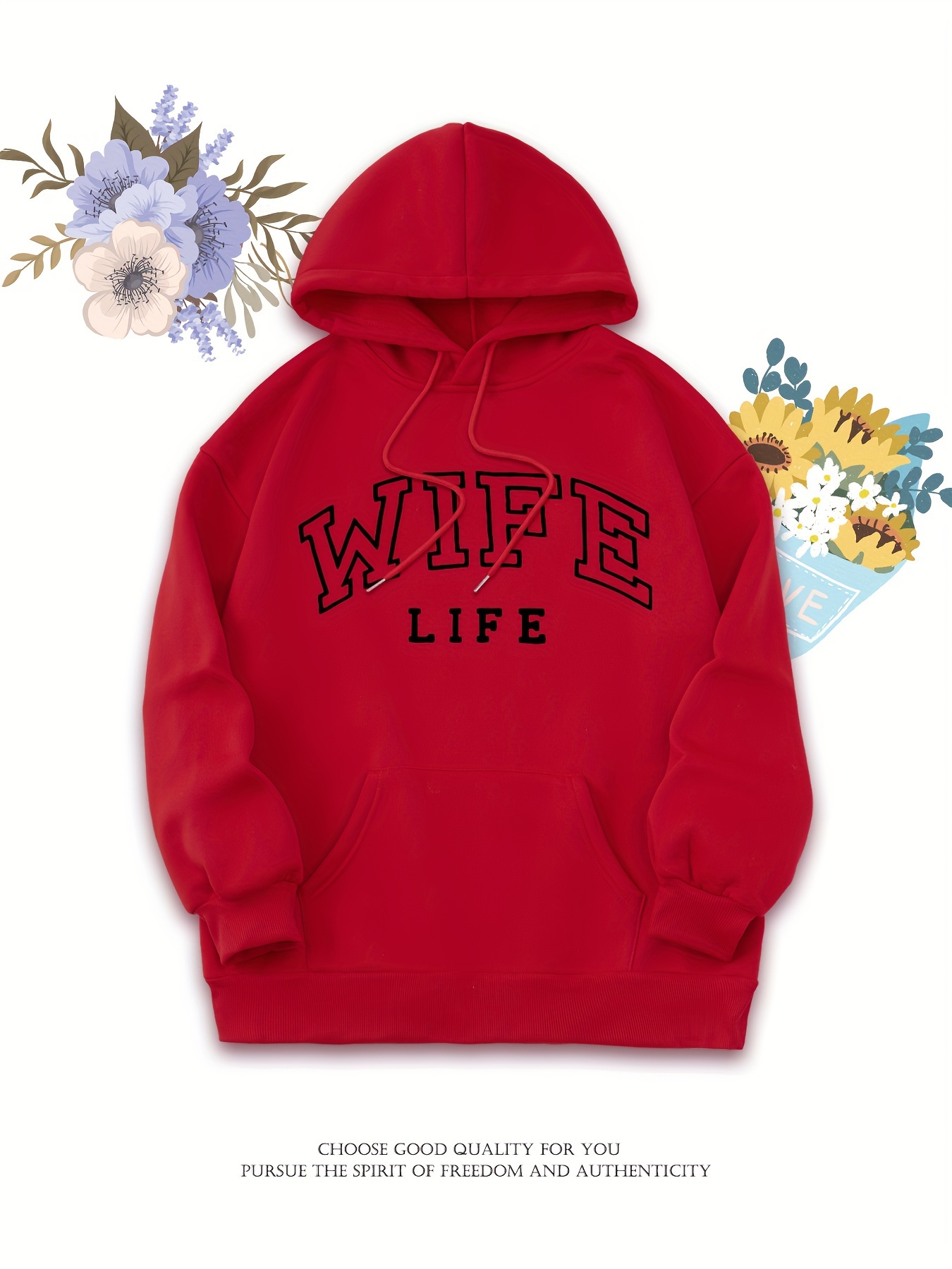 Wife Life Print Solid Color Drawstring Hoodie Pullover Temu