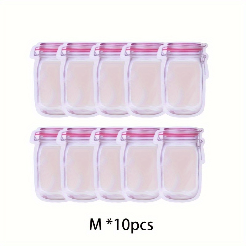 Image of 10pcs Mason Jar Design Zipper Bags, Reusable Airtight Seal Leak-proof Plastic Pouches, Multipurpose Clip-on Containers For Travel, Hand Wash, No Electricity Needed, Reusable Storage Bags