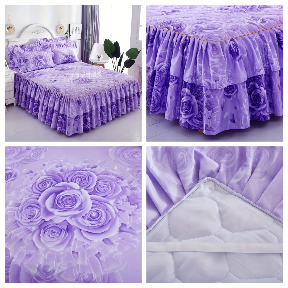 3pcs contemporary floral bed skirt set machine washable   double layer full wrap anti slip mattress protector woven polyester 90g fabric weight details 2