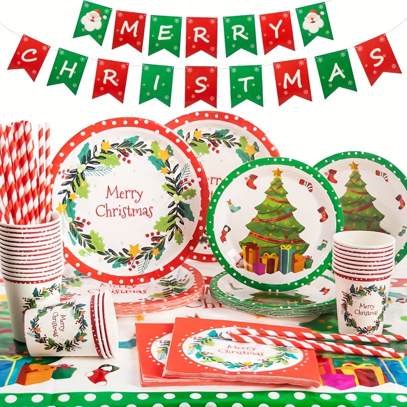 Christmas Paper Plates and Napkins Set Christmas Party Supplies Includes Plates Cups Knives Forks Spoons Napkins Tableware for Christmas Dinner