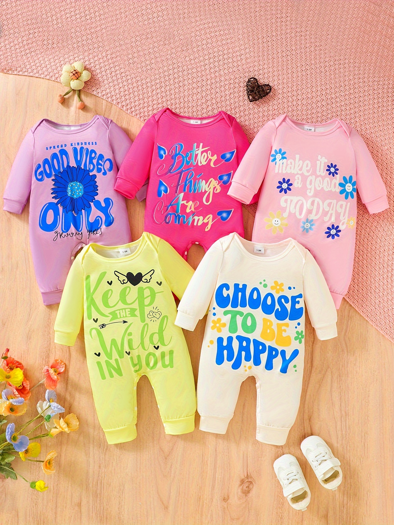 Newborn Baby Girls Gift Package, Soft And Comfortable Cute Cartoon Pattern Letter Print Casual Jumpsuit Climbing Clothes Five-piece Elastic Set