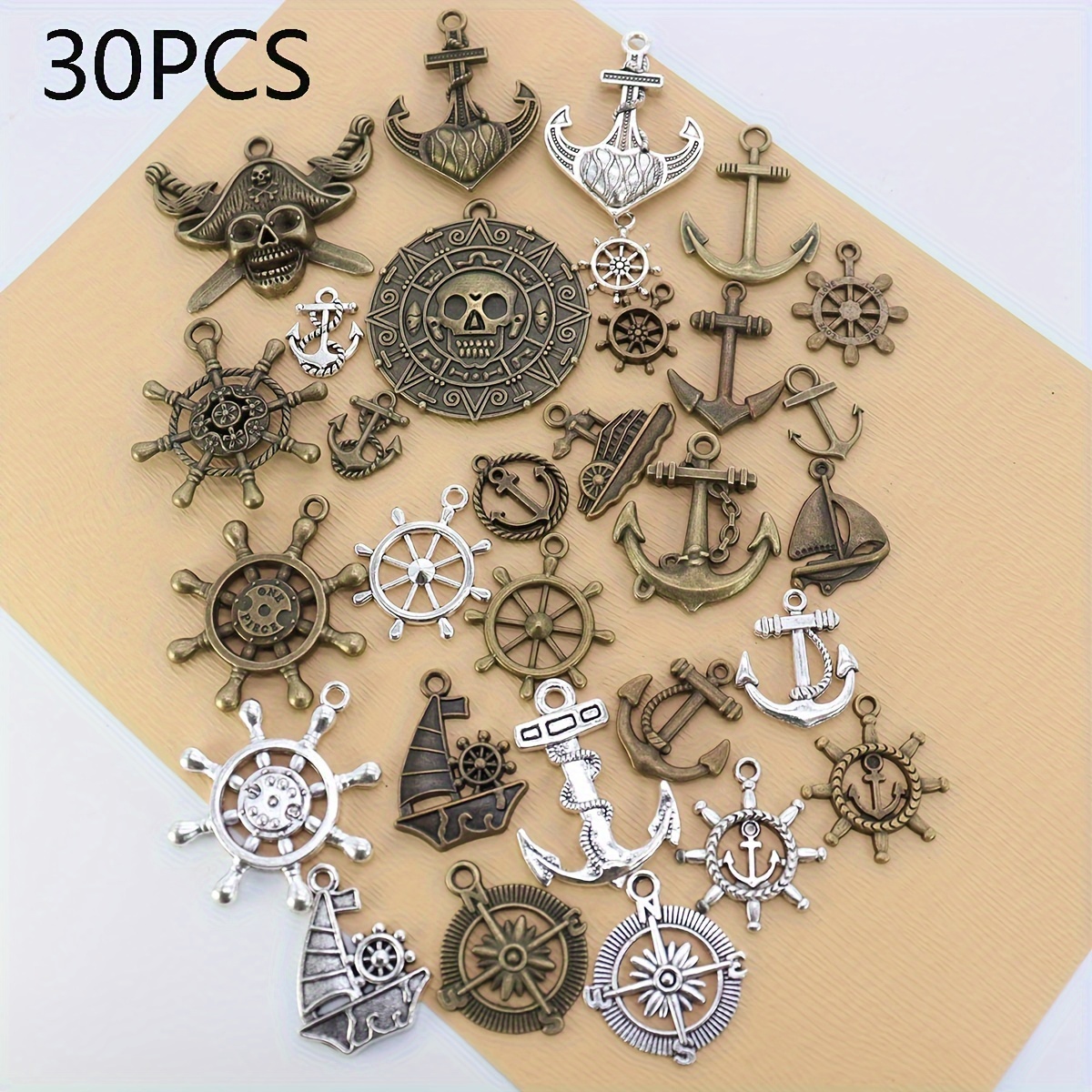 30pcs Mixed Pirate Series Diy Jewelry Pendants Retro Alloy Anchor Rudder  Compass Ship Wheel Nautical Style Pendant For Jewelry Making