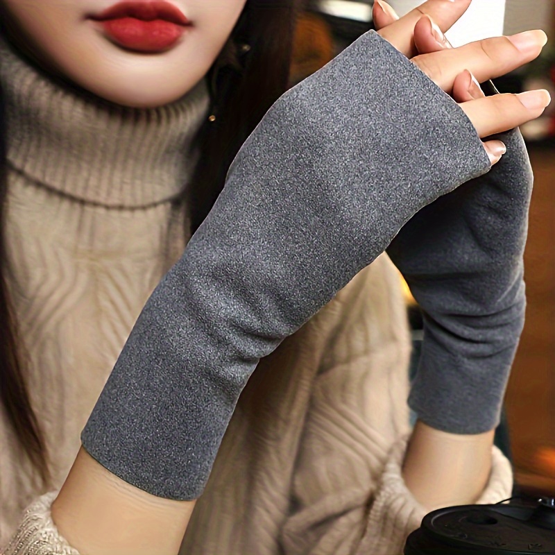 Solid Color Half Finger Fleece Winter Warm Gloves, Windproof Fingerless Hand Warmer Gloves Mittens for Women,Temu
