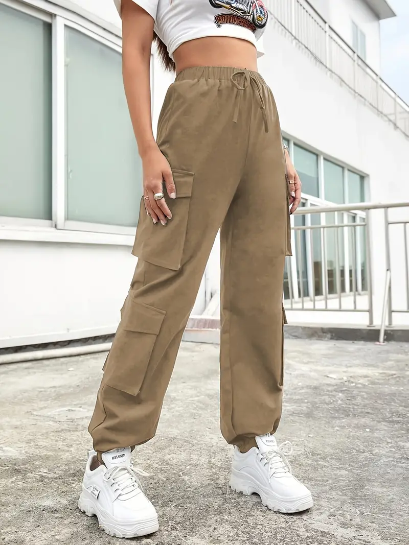 Elastic Solid Cargo Pants, High Waist Cargo Pants With Pockets, Casual  Every Day Pants, Women's Clothing
