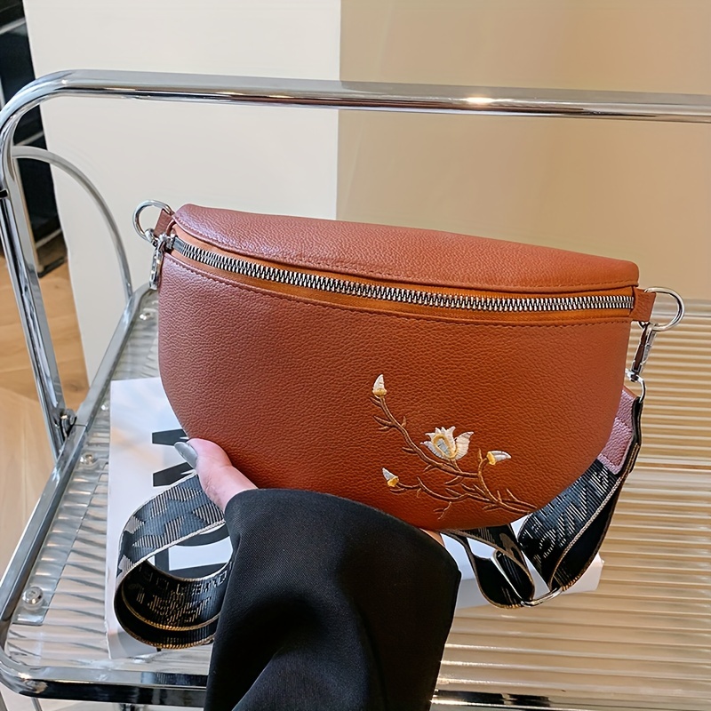 Floral Embroidery Waist Bag, Vintage PU Leather Crossbody Bag, Stitching  Chest Bag For Women