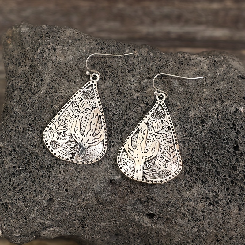 vintage teardrop shape cactus sunflower pattern dangle earrings retro simple style alloy jewelry delicate female gift 3
