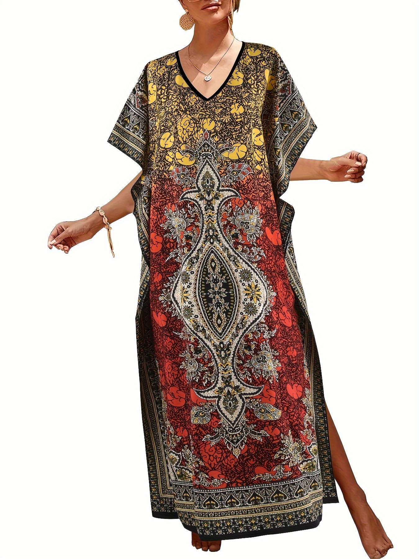 Ramadan Plus Size Boho Kaftan Dress, Women's Plus Embroidered Batwing  Sleeve Round Neck Beachwear Maxi Kaftan Dress