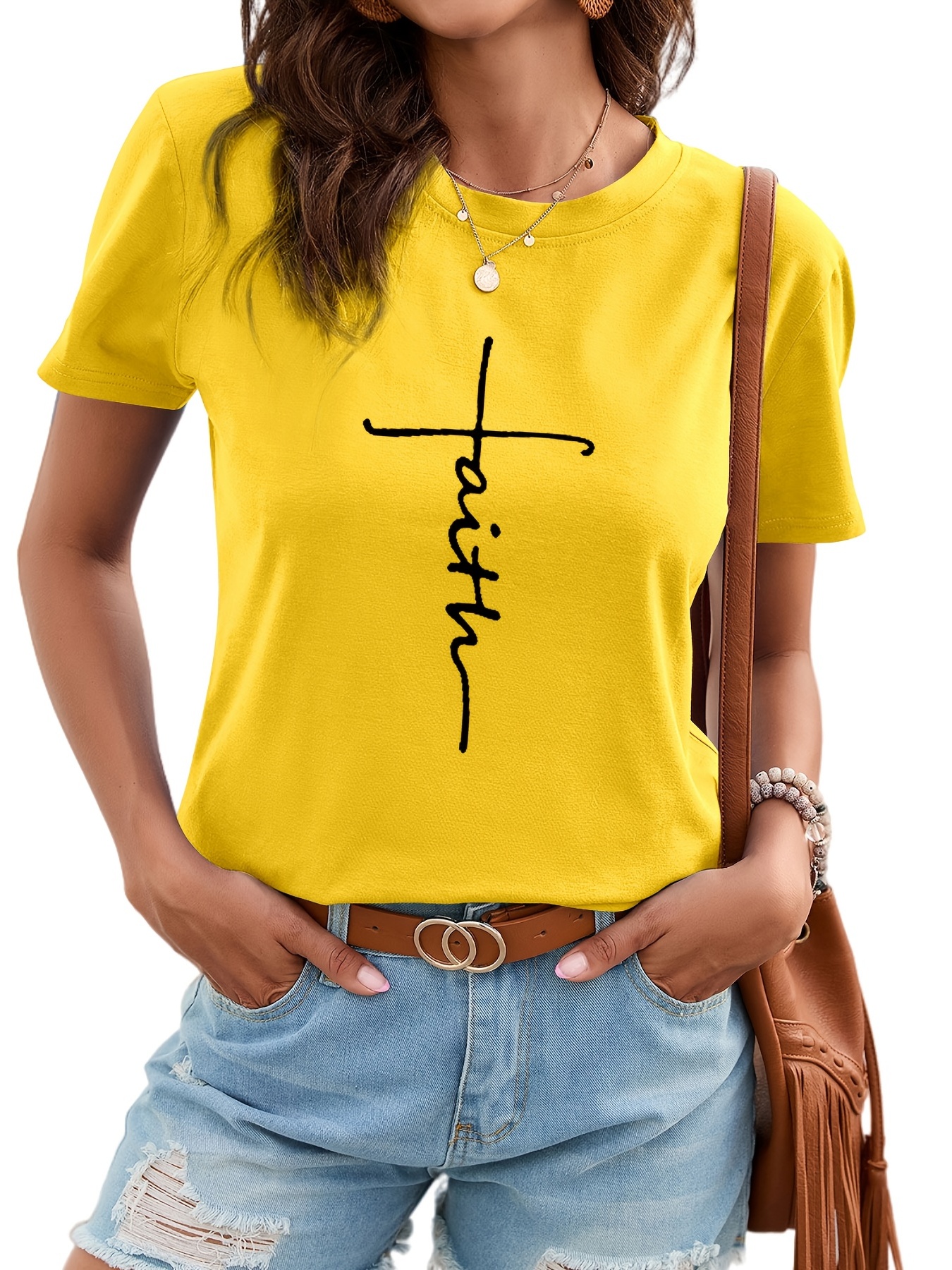 Camiseta con cuello redondo y estampado de letras para mujer, camiseta  informal de manga corta, camisetas informales para todos los días, ropa de  muje