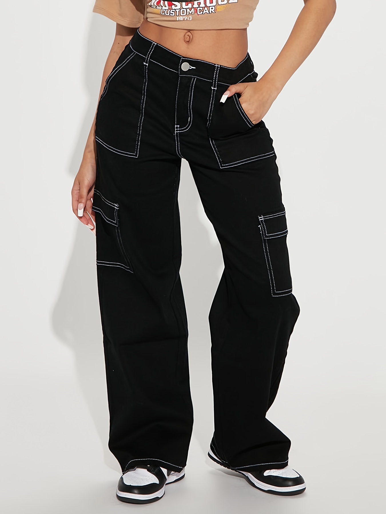 Black Multi-pocket Contrast White Seam Loose Denim Cargo Pants, Solid Color  Slash Pocket Zipper Button Closure Cargo Jeans, Y2K Kpop Style, Women's De