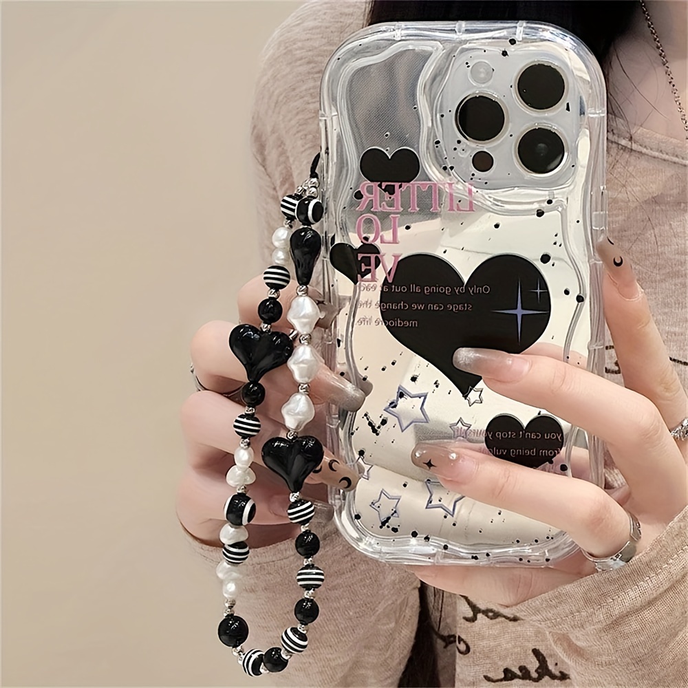 

Luxury Cute Black Star Heart Pearl Chain Phone Soft Case For Iphone 15 14 13 12 Pro Max 11 14 15 Plus Shockproof Cover