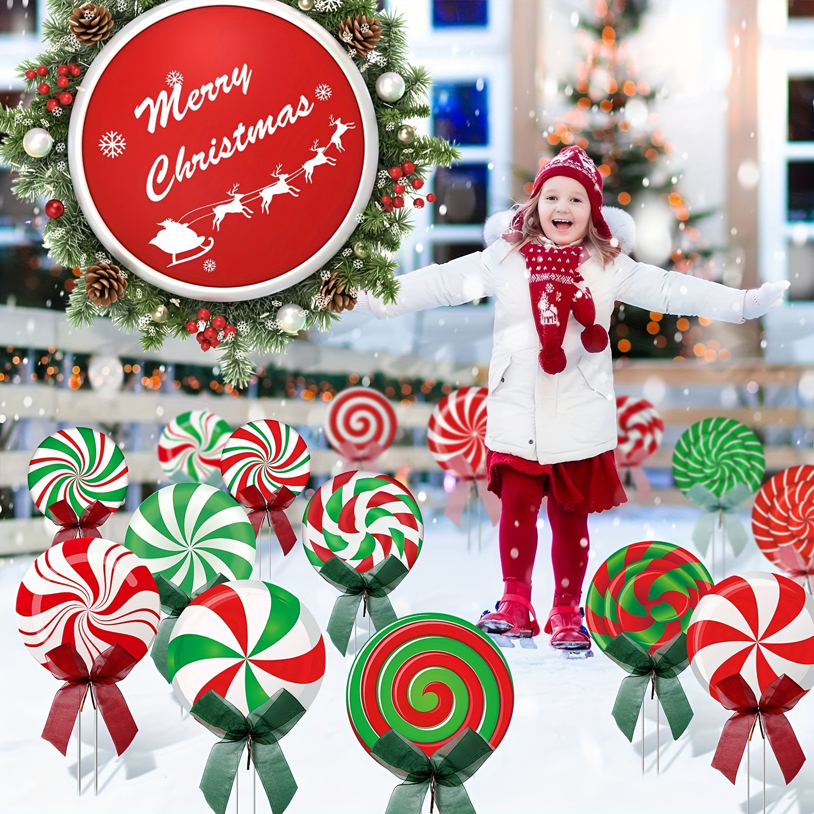 15pcs Christmas Outdoor Yard Signs Peppermint Corrugated Yard Decorations  With Stakes And Bow Xmas Yard Decorations Candy Garden Sign Waterproof Cardb