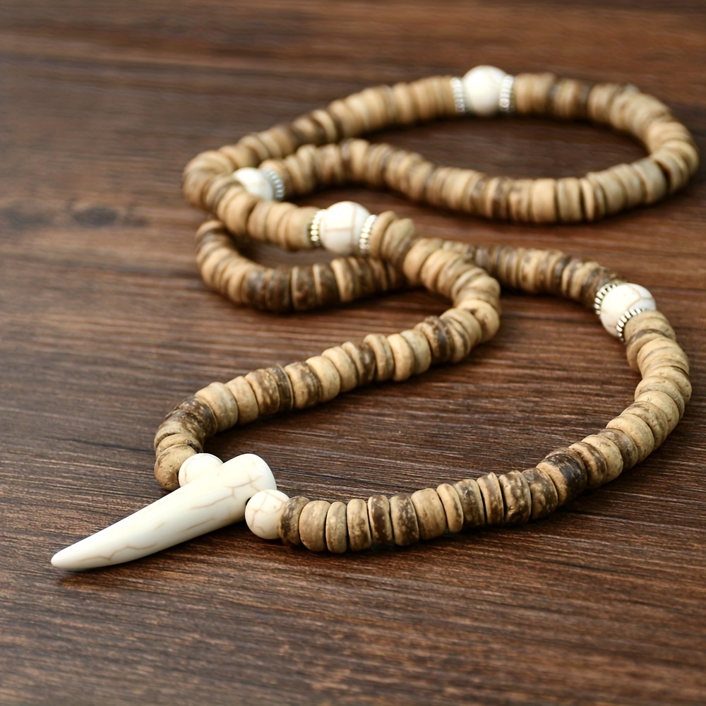

Vintage Coconut Shell Handmade Beaded White Stone Horn-shaped Pendant Necklace