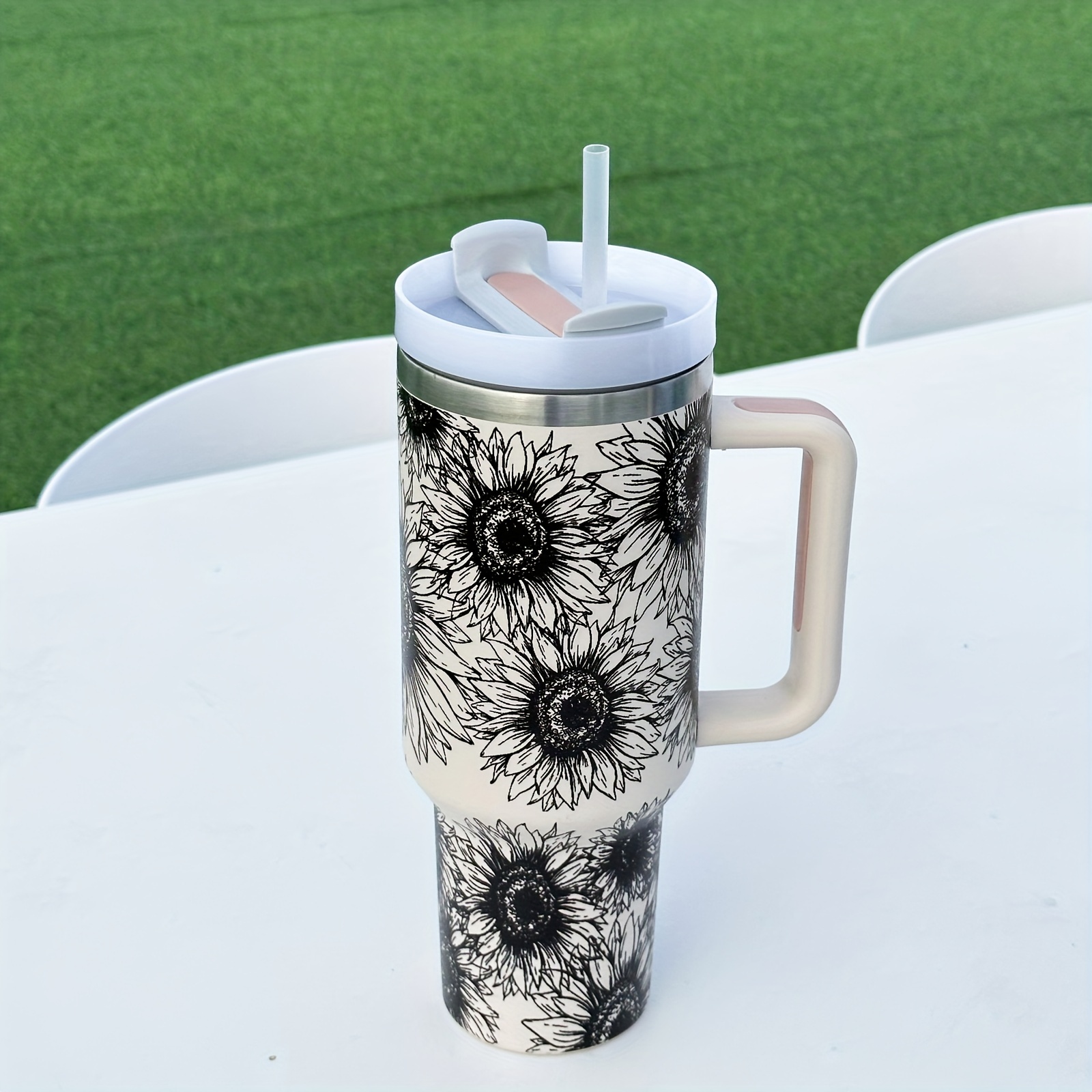 Sunflower Pattern Insulated Tumbler Mug With Handle Straw, Reusable  Stainless Steel Mug Ice Water Bottle, Halloween Gift, Birthday Gift,  Christmas Gift - Temu