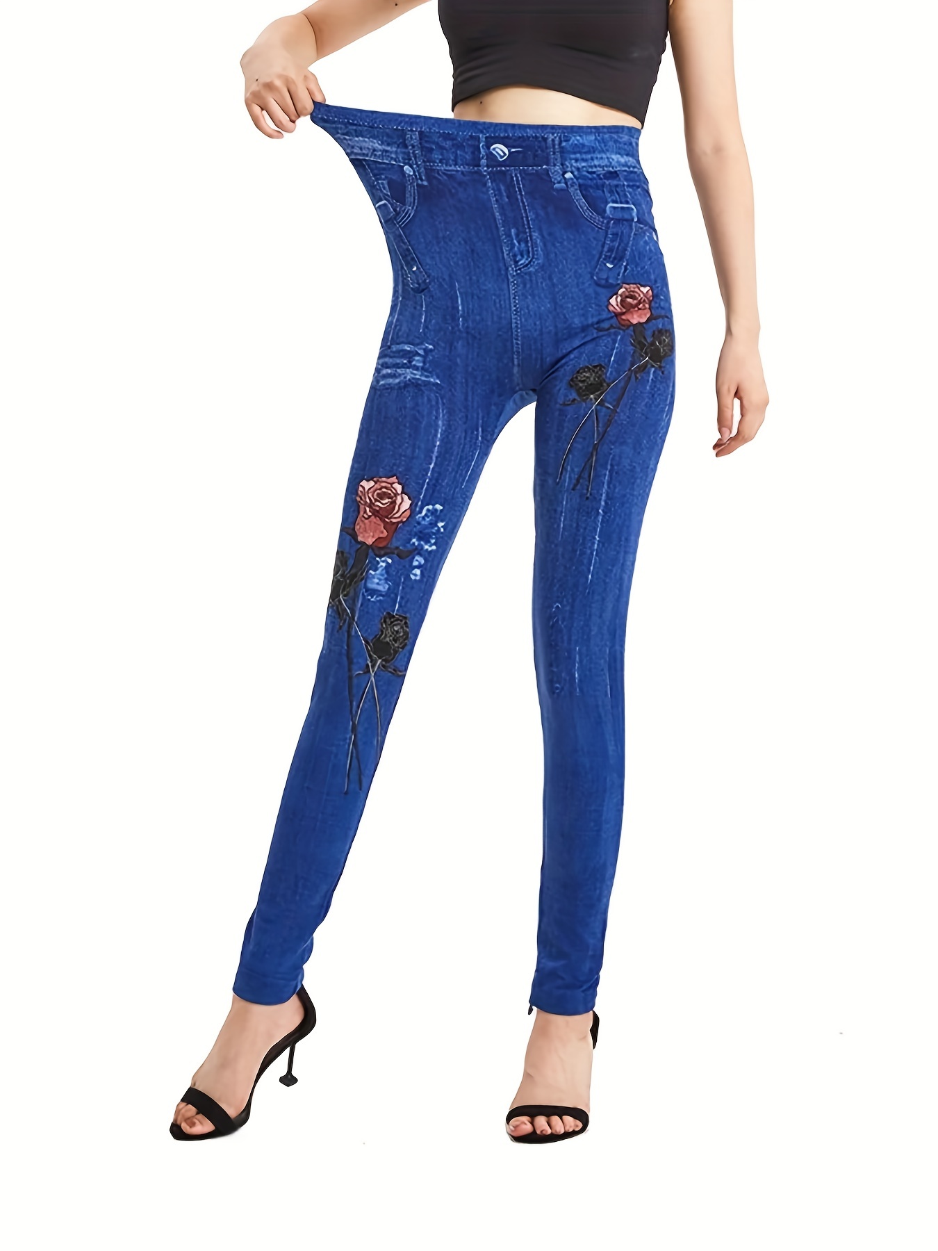 Tummy Control Leggings for Women Denim Print Jeans Look Like Stretchy High  Waist Slim Skinny Jeggings Ankle Length Legging Blue L
