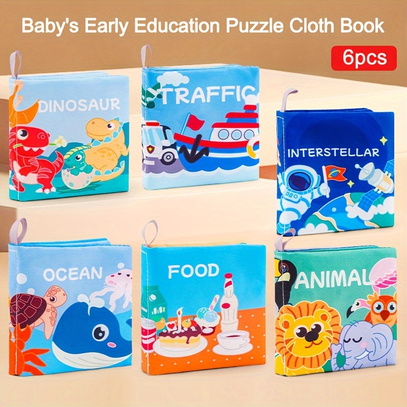 

6pcs Baby's Early Education Puzzle Cloth Book With Rustling Sound, Baby's Cognition Cloth Book Can't Be Torn Apart, Ocean Food Animals Space Dinosaurs And Traffic Festival Gifts