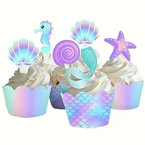 14 decorazioni per torte a sirena, con 2 adesivi per tatuaggi a sirena,  corallo di stelle marine, decorazioni per torte di compleanno.
