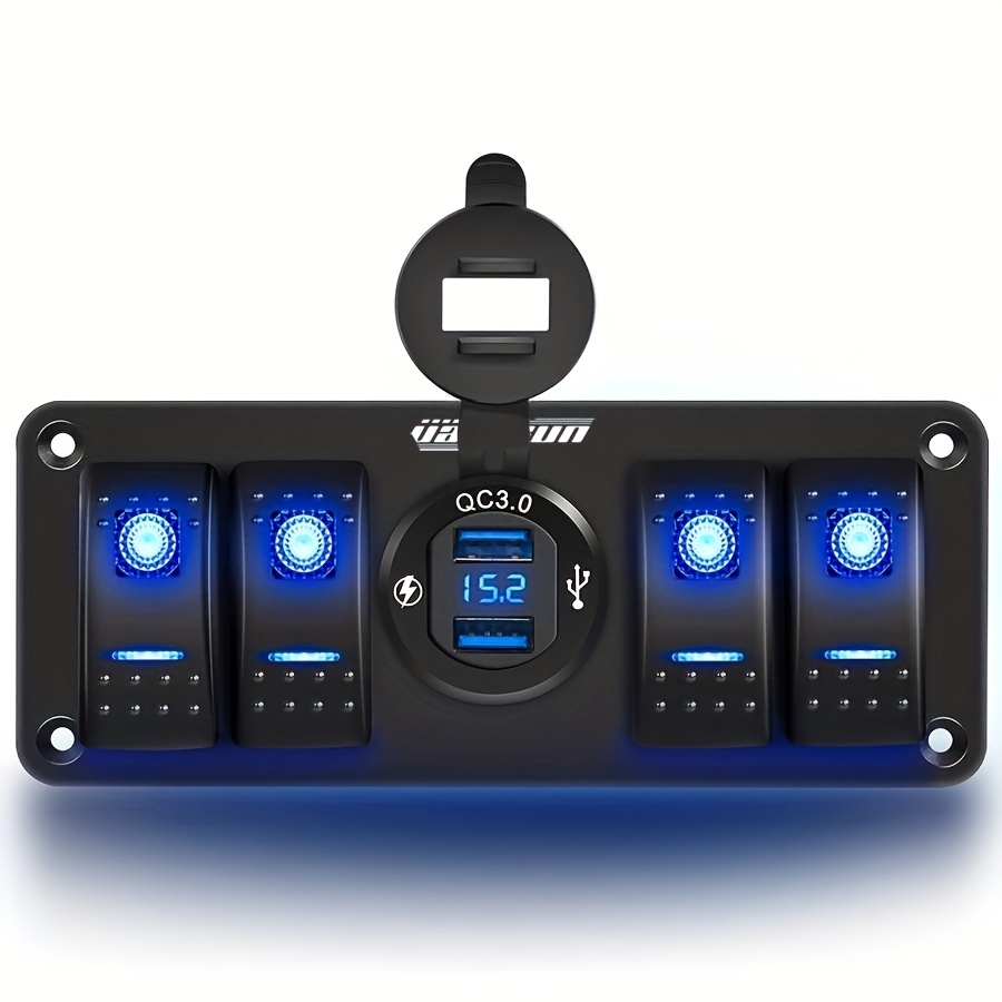 Rocker Switch Panel with Aluminum Switch, 4 Gang 12V/24V Toggle Switch  Aluminum Panel with Dual USB Charger+Socket, Multi-Function Pre-Wired Car