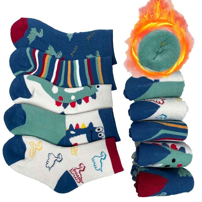 

5 Pairs Of Boy's Cute Dinosaur Pattern Crew Socks, Thermal Comfy Breathable Causal Socks, Winter & Autumn