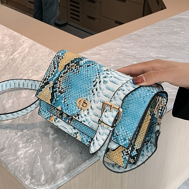 Colorful Snake Skin Pattern Square Box Bag, Elegant Niche Design Satchel Bag  With Acrylic Strap - Temu