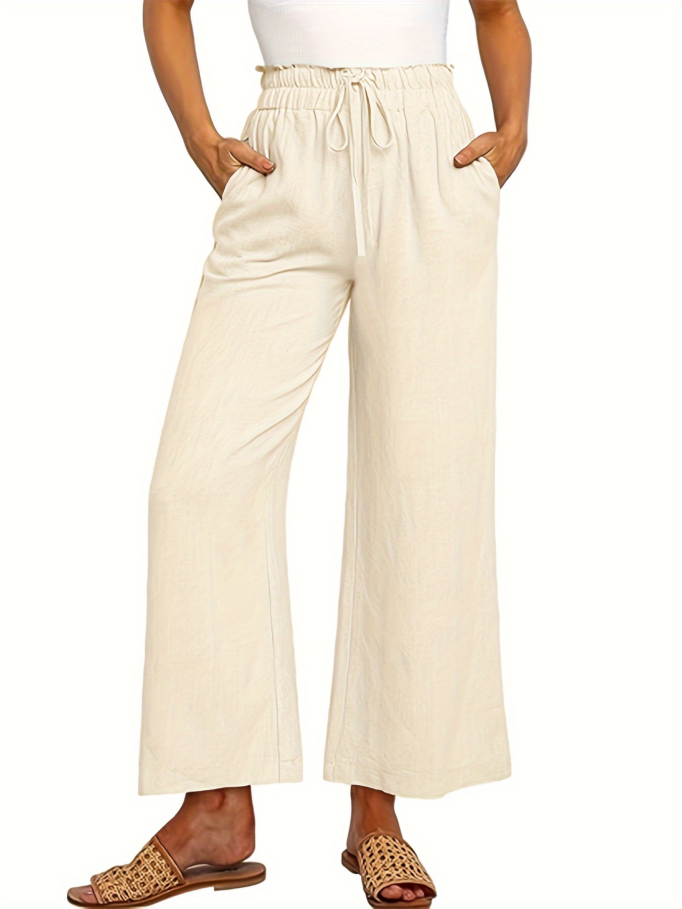 Linen Pants Women Summer Tall Women's Cotton Linen Drawstring High Waisted  Pants Casual Loose Fit Wide Leg Trousers, Beige, Small : :  Clothing, Shoes & Accessories