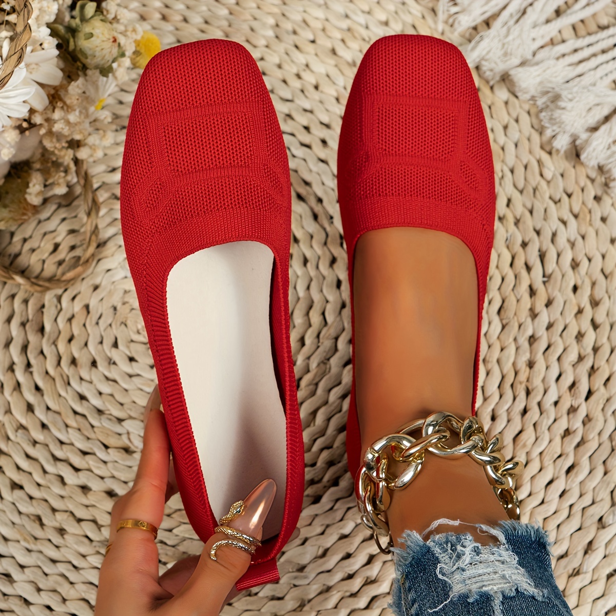 

Women's Solid Color Flat Shoes, Casual Square Toe Slip On Shoes, Breathable Knit Lightweight Shoes