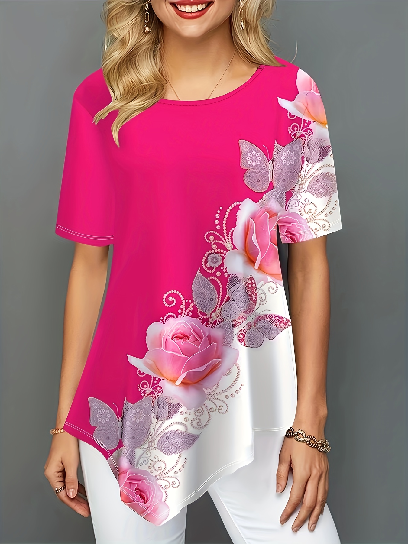 plus size colorblock floral print t shirt - Temu