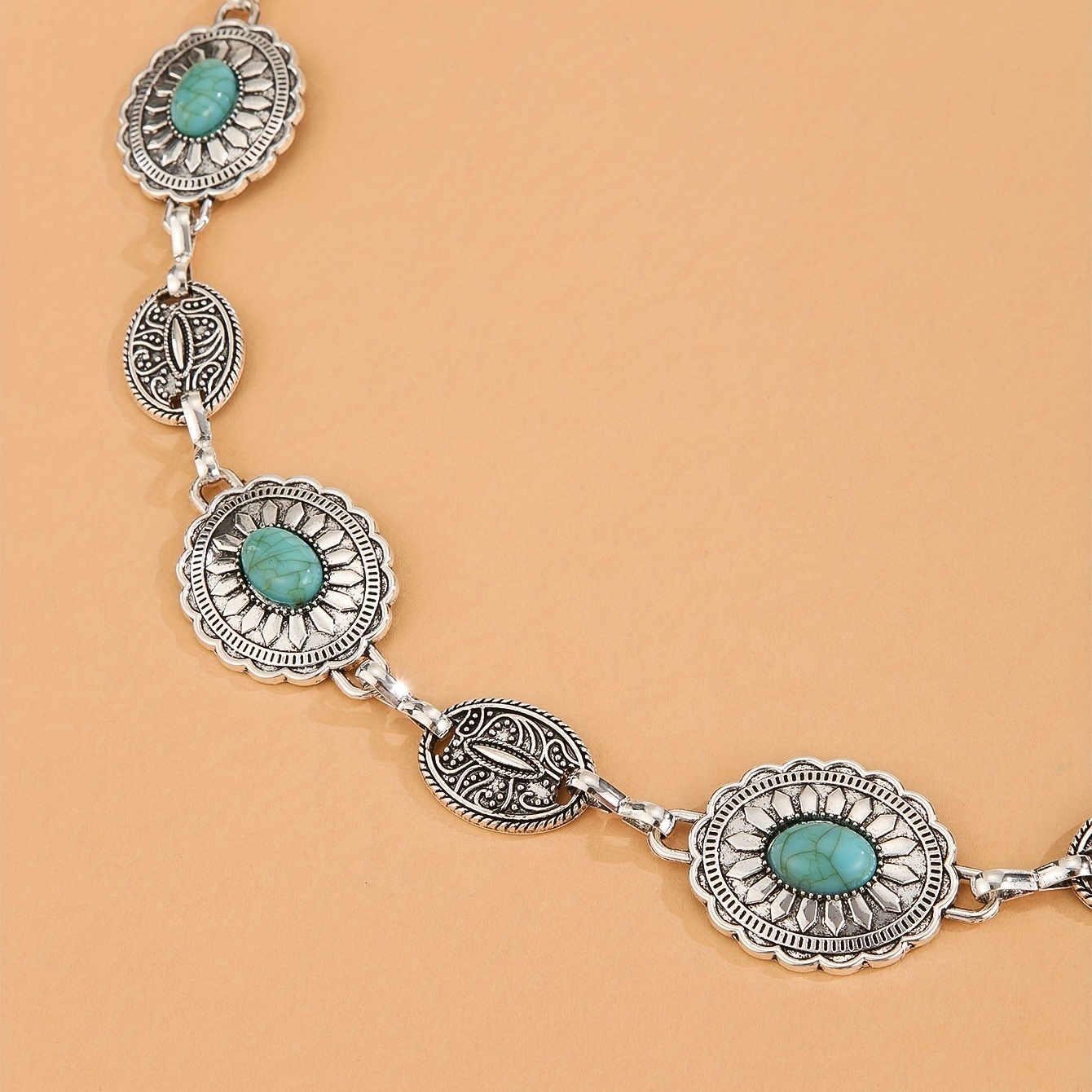 Turquoise Embossed Waist Chain Vintage Metal Chain Belt