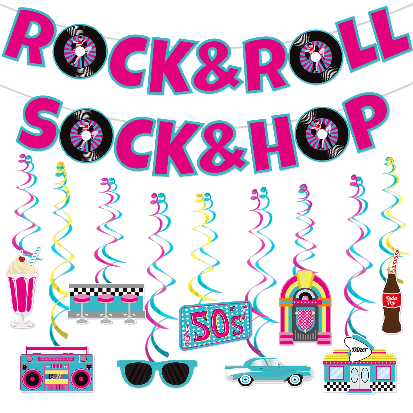 1950's Rock n Roll themed party decorations, Costumes & Props