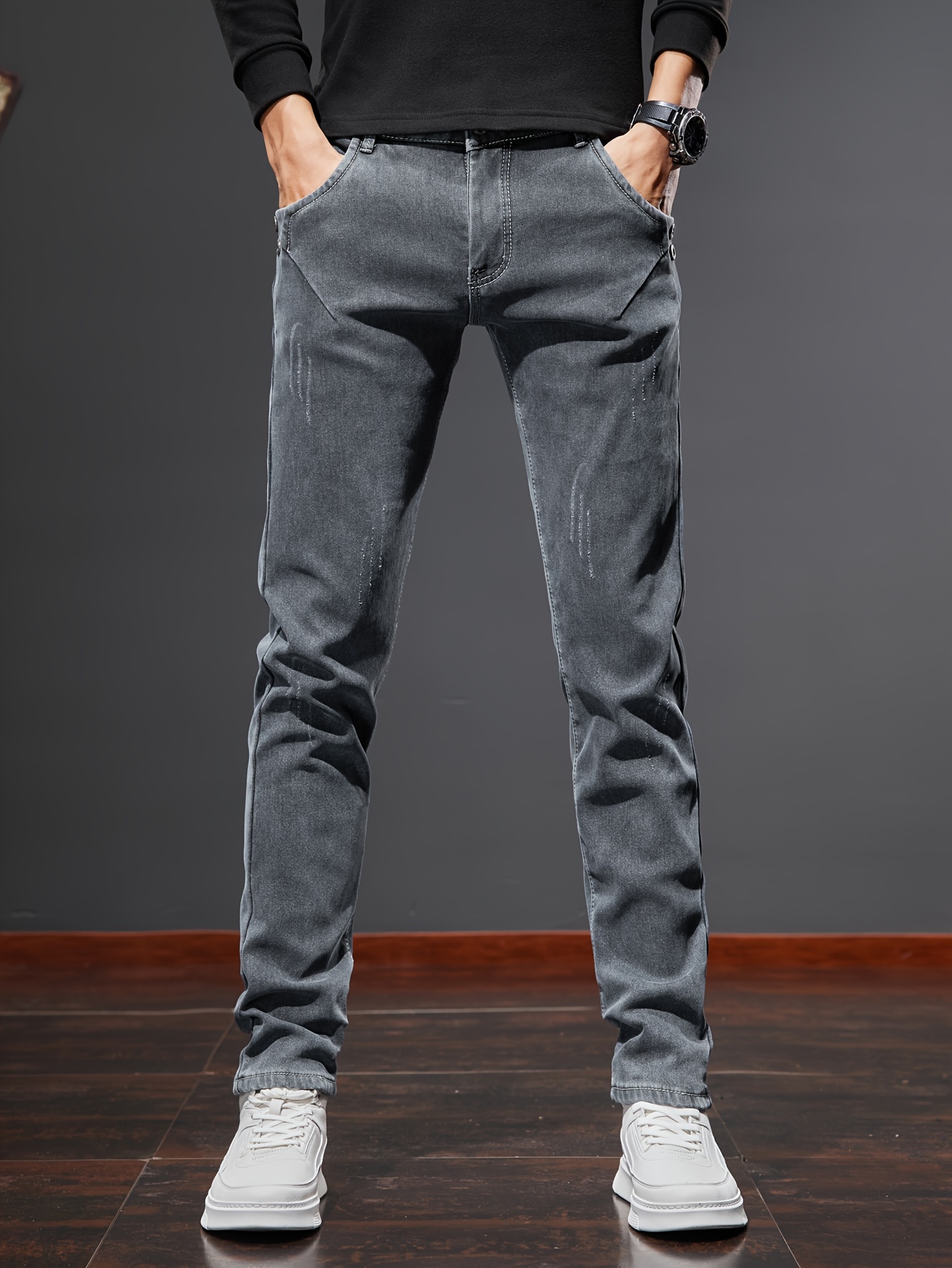 Men's Elastic Jeans Teenager Straight Leg Crop Denim Pants - Temu