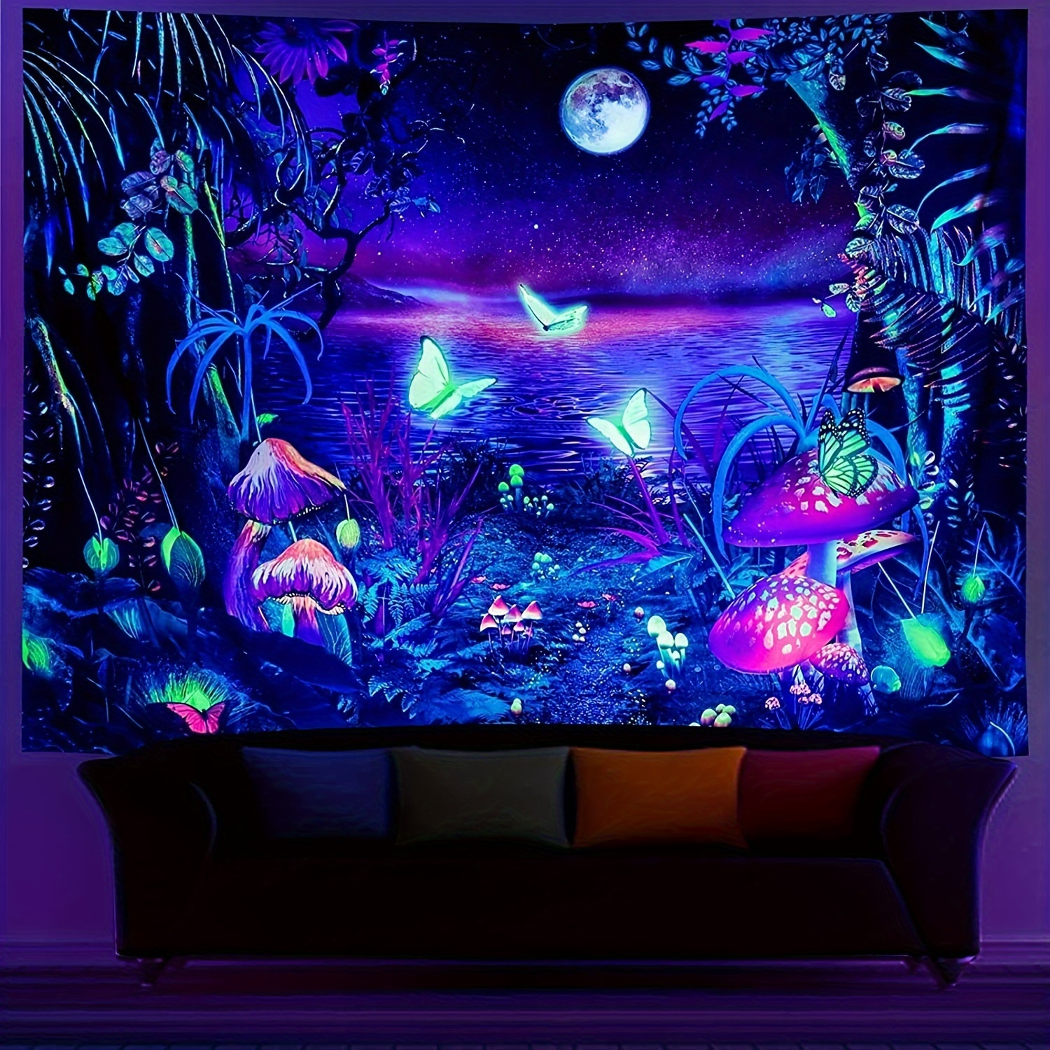 Psychedelic Butterfly Mushroom Plant Moon Tapestry Uv Light - Temu