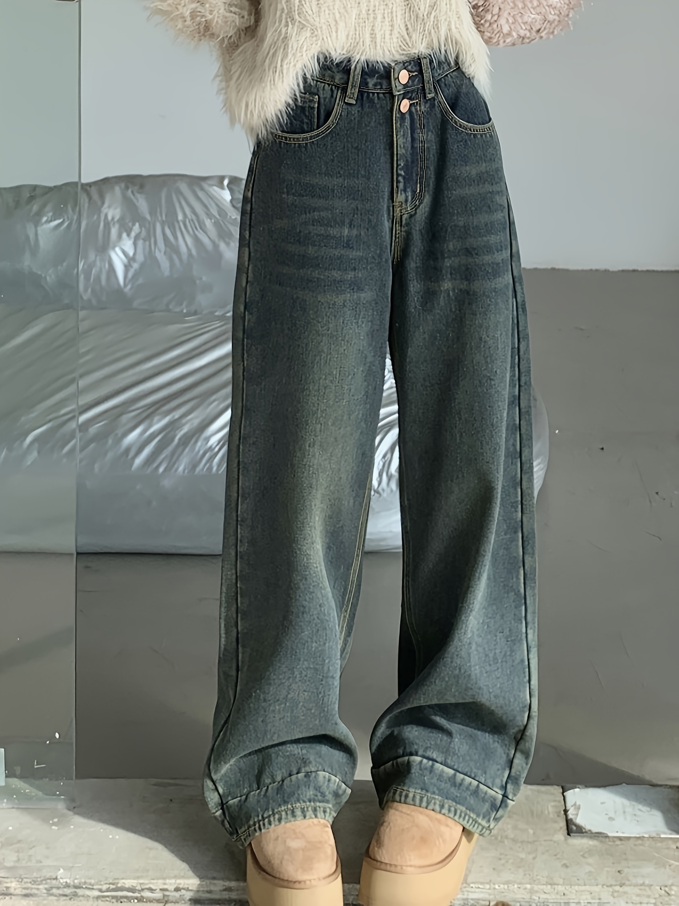 Jeans Sueltos Pierna Recta Tiro Alto Pantalones Sueltos - Temu