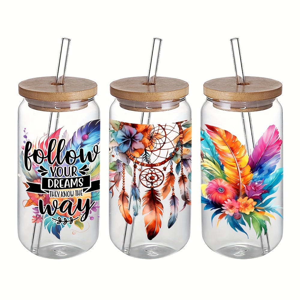 DTF UV Cup Wraps Transfers Libbey 16 Oz Glass Cans Boho Blooms