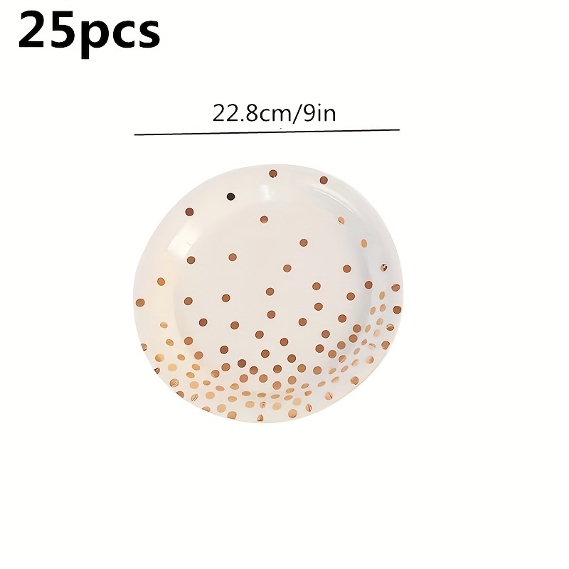 25 White Round Disposable Paper Plates with Rose Gold Polka Dots 7