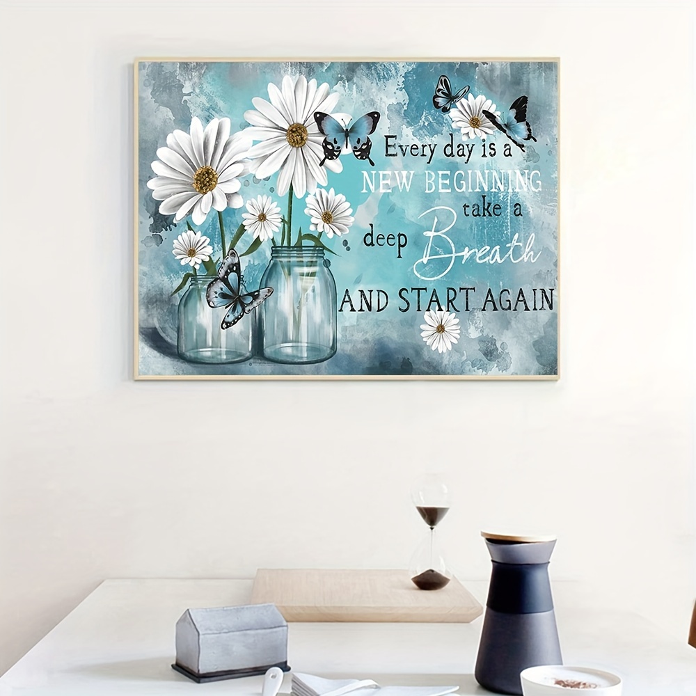 

1pc Motivational Blue Butterfly Daisy Flower In Jar Painting On Canvas - Inspirational Wall Art Poster For Bathroom, Bedroom, Office, Living Room, Home Decor - No Frame Needed