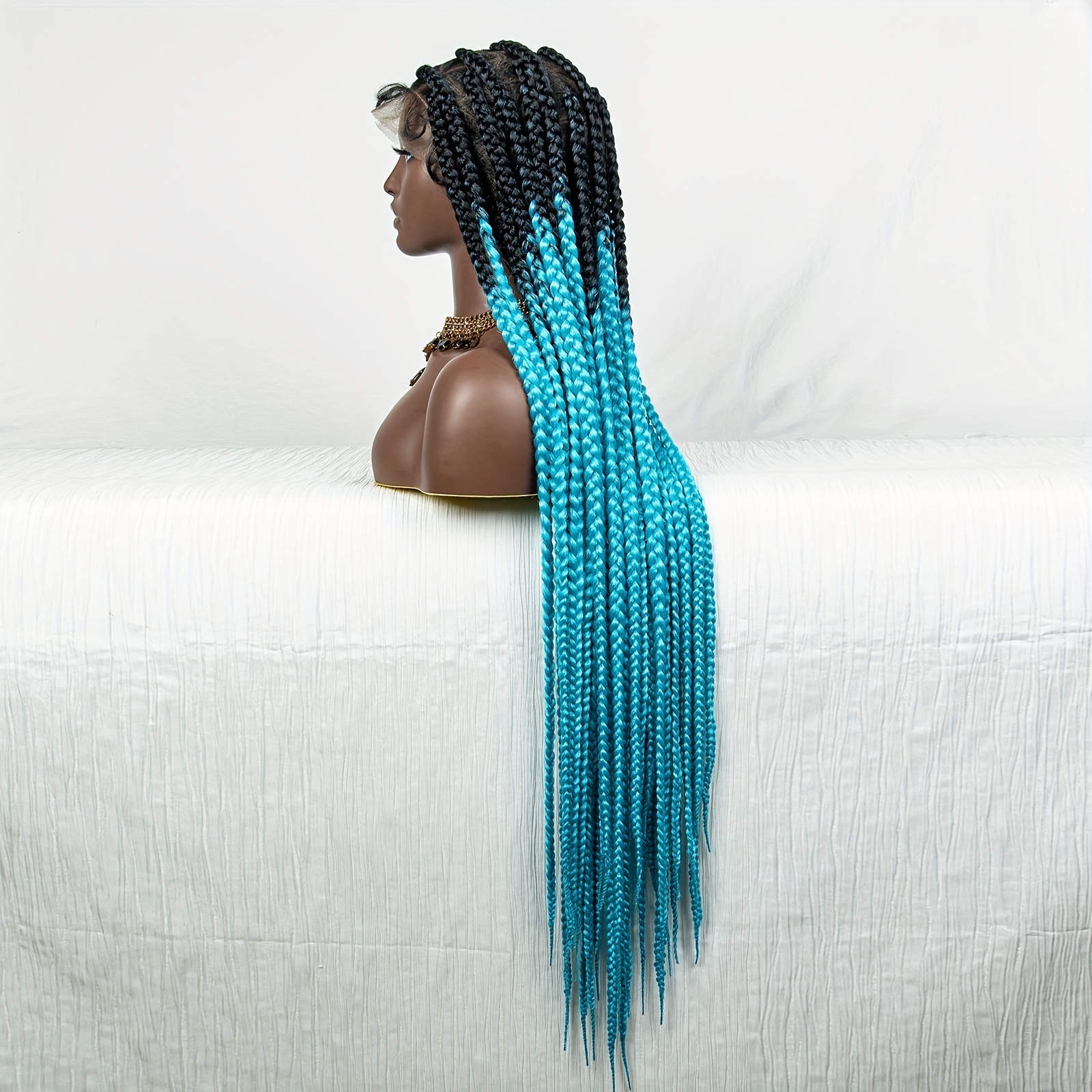 Afro Box Braid Wigs Fully Handmade Mermaid Synthetic Hair Ombre Blue Lace  Front Wig with Natural Hairline Soft Lace Cap Micro Braided Lace Wig for